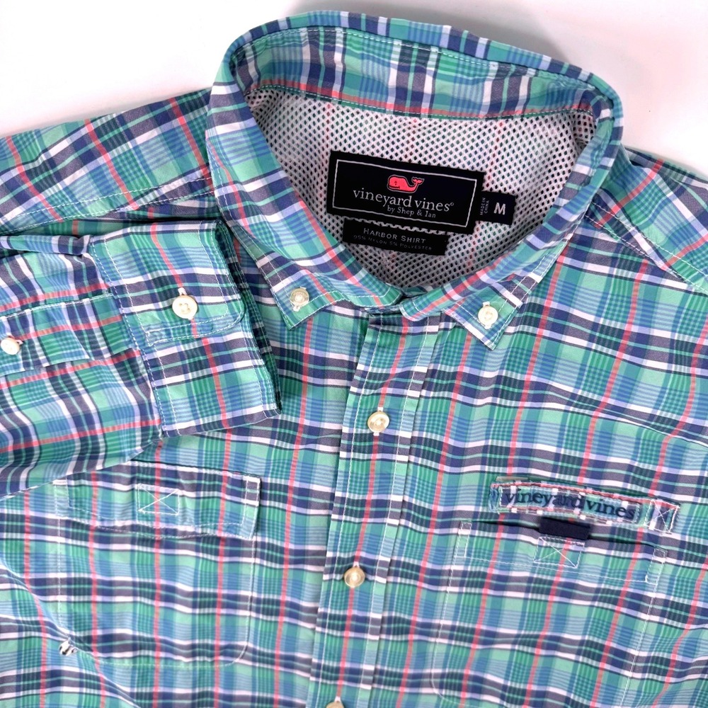 Vineyard‎ Vines Harbor Shirt Medium Green Blue Plaid Vented Fishing Lightweight